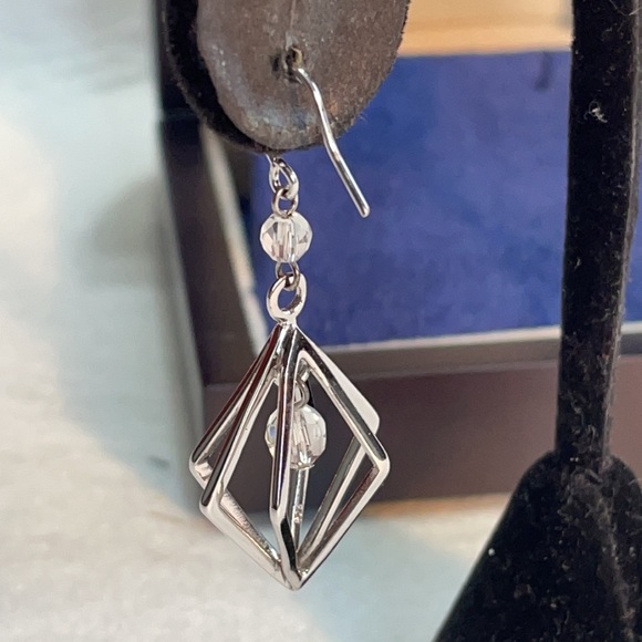 Mischa silver geometric cage drop earrings with crystals 2”. IOB - Picture 7 of 9